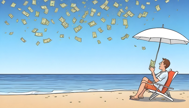 cartoon-of-man-on-vacation-with-money-raining-upscaled